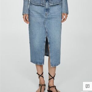 Blue Denim Midi Skirt with Front Slit